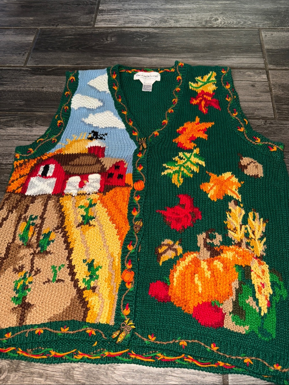 Hand-Knit Green Autumn Farm Scene Sweater Vest - Picture 2 of 4